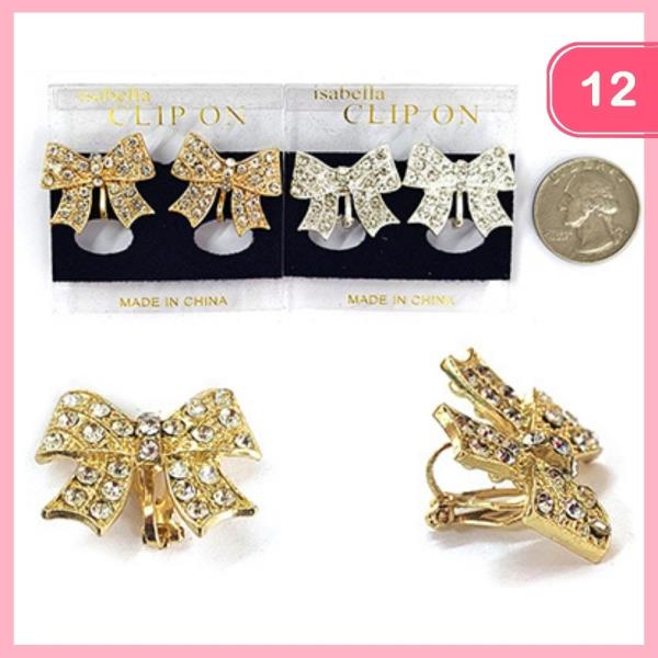 RHINESTONE BOW CLIP ON EARRING (12 UNITS)
