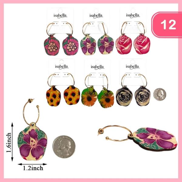 WOODEN FLOWER PRINT DANGLE EARRING S (12 UNITS)