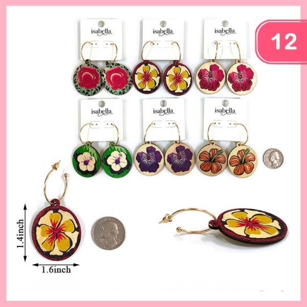 WOODEN FLOWER PRINT DANGLE EARRING (12 UNITS)