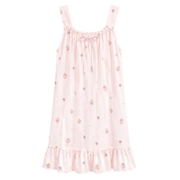 SLEEVELESS STRAWBERRY PRINTED RUFFLE HEM NIGHTGOWN PAJAMA DRESS