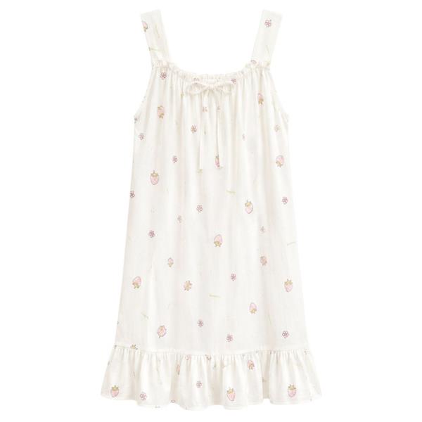 SLEEVELESS STRAWBERRY PRINTED RUFFLE HEM NIGHTGOWN PAJAMA DRESS