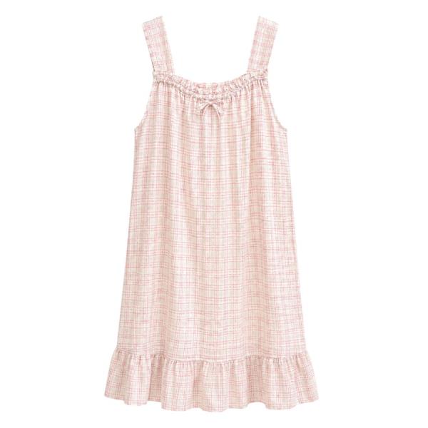 SLEEVELESS CHECKER PRINTED RUFFLE HEM NIGHTGOWN