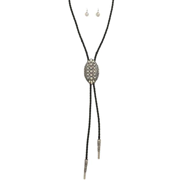 RHINESTONE OVAL BOLO NECKLACE EARRING SET
