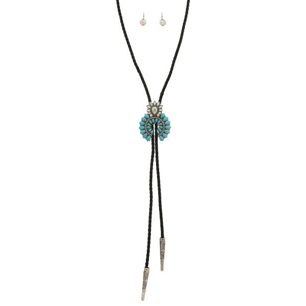 TURQUOISE STONE FLOWER BOLO NECKLACE EARRING SET