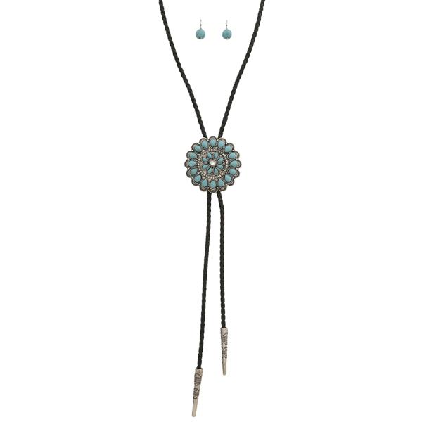 TURQUOISE STONE FLOWER BOLO NECKLACE