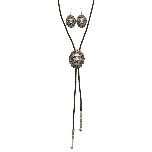 WESTERN LION HEAD BOLO NECKLACE EARRING SET