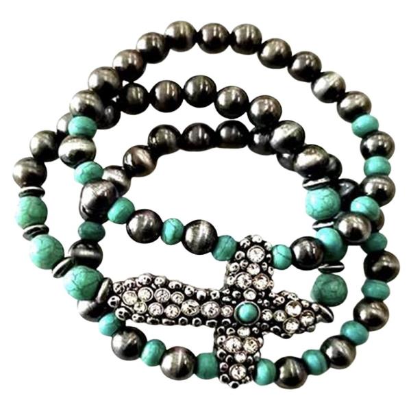 MULTI STRAND TURQUOISE CROSS STRETCH BRACELET SET