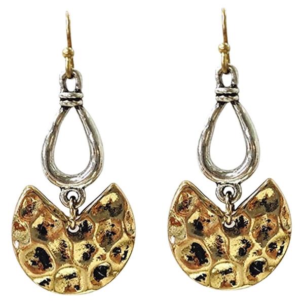 TWO TONE TEARDROP HAMMERED METAL DROP EARRING
