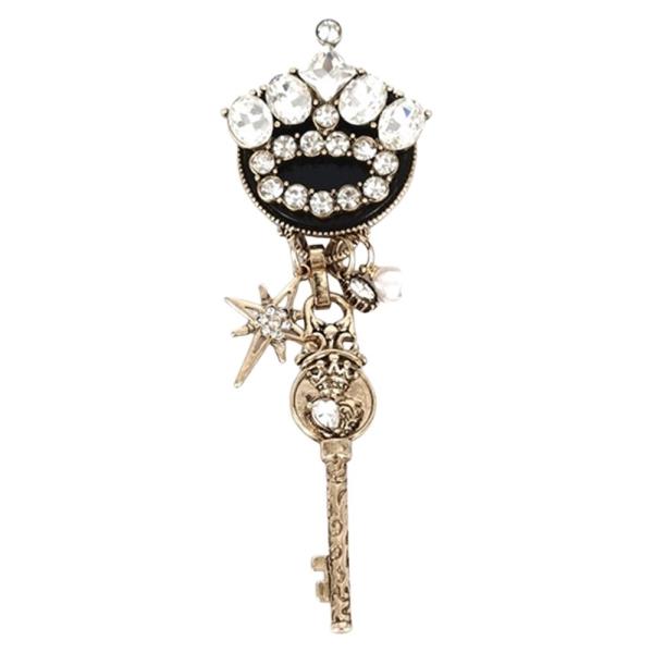 RHINESTONE CROWN KEY DANGLE BROOCH