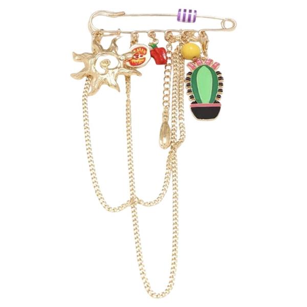 MULTI CHARM CHAIN SAFETY PIN BROOCH