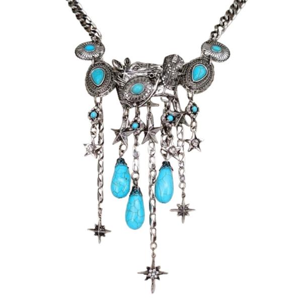 WESTERN MULTI TASSEL CHARM STATEMENT NECKLACE