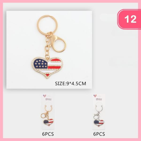 RHINESTON USA HEART FLAG KEYCHAIN (12 UNITS)
