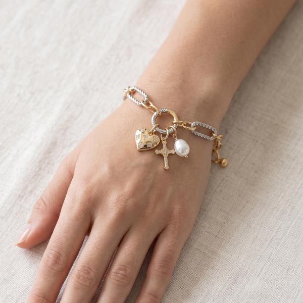 CZ TWO TONE CROSS HEART PEARL CHARM BRACELET