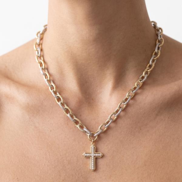 CZ TWO TONE CROSS PENDANT NECKLACE