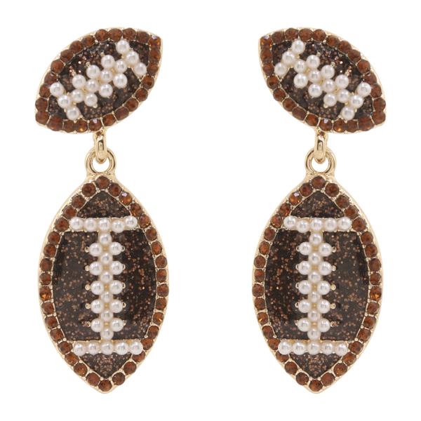 FOOTBALL RHINESTONE PEARL DROP EARRING