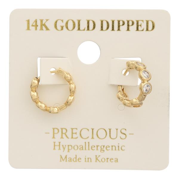 14K GOLD DIPPED ROUND CRYSTAL DESIGN HOOP EARRING