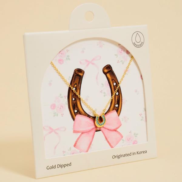 HORSE SHOES W/ TQ, CLEAR CZ PAVED GOLD-DIPPED PENDANT NECKLACE