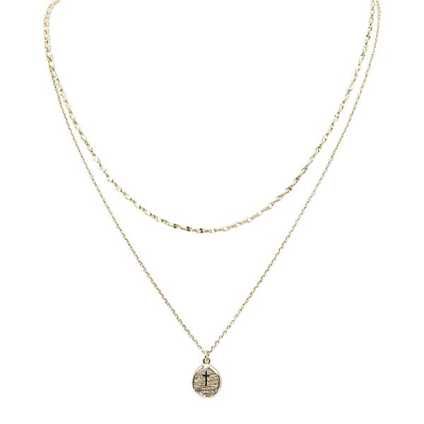 18K BRASS LAYERED CROSS COIN PENDANT NECKLACE