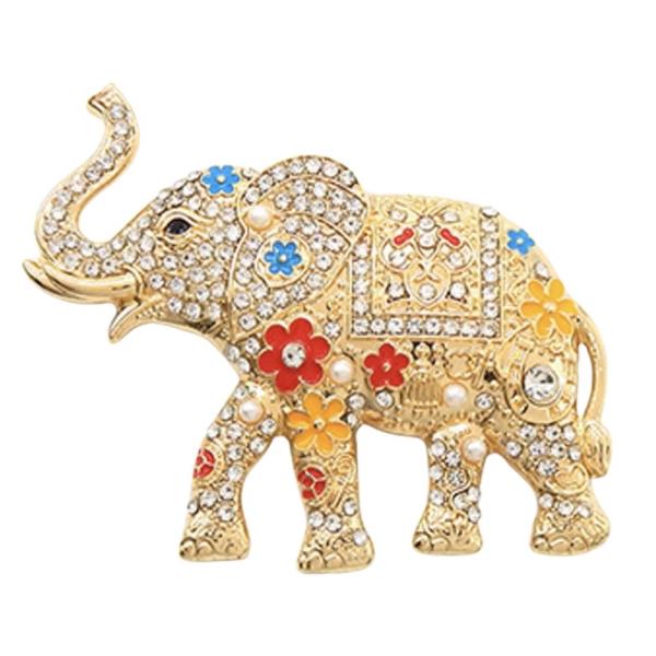 RHINESTONE ELEPHANT BROOCH WITH EPOXY FLOWERS ALL OVER THE BODY