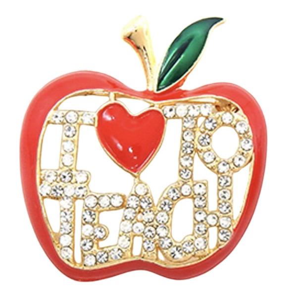 APPLE BROOCH "I [HEART] TO TEACH" CUT OUT FROM THE CENTER, RED ENAMEL