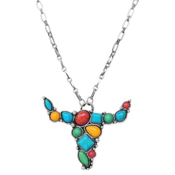 STEER HEAD WESTERN SEMI STONE NECKLACE