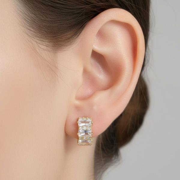 14K GOLD DIPPED GEOMETRIC BAGUETTE CZ HOOP EARRINGS