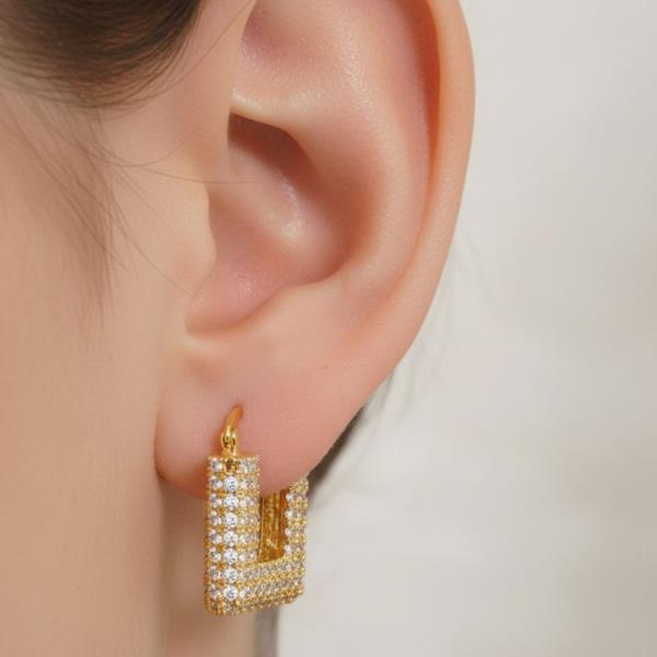 14K GOLD WHITE GOLD DIPPED SQUARE PAVE HOOP EARRINGS
