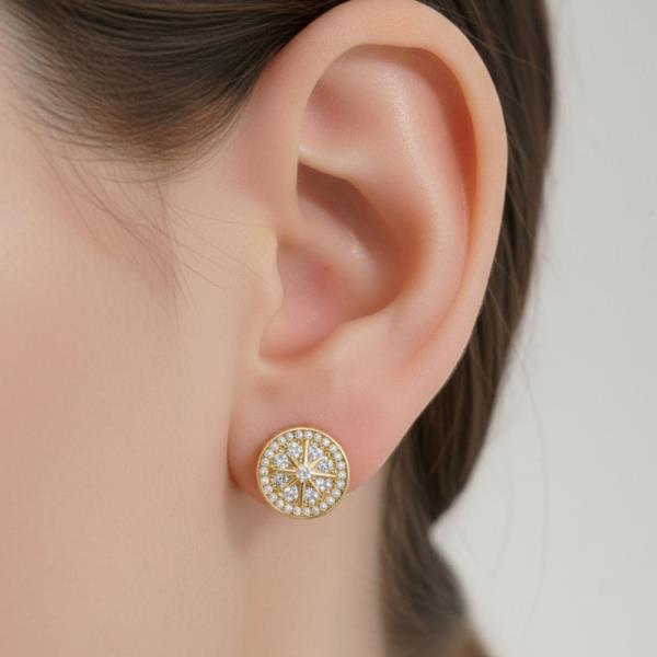 14K GOLD WHITE GOLD DIPPED COMPASS STAR STUD EARRINGS WITH CZ