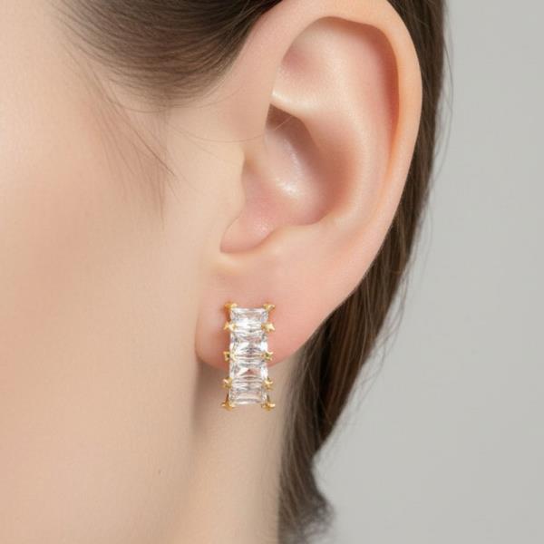 14K GOLD WHITE HOLD DIPPED BAGUETTE CZ CLIMBER STUD EARRINGS