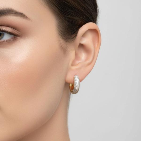 14K GOLD DIPPED MULTI ROW PAVE HOOP HUGGIES EARRING