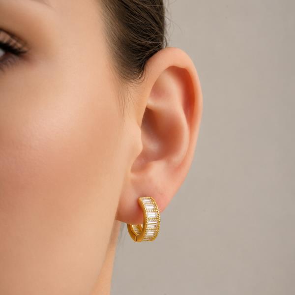 14K WHITE GOLD DIPPED BAGUETTE CZ HALF HOOP EARRINGS