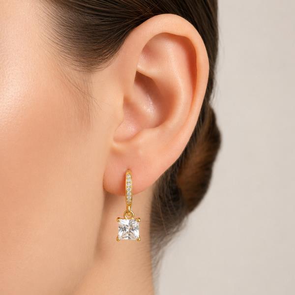 14K WHITE GOLD DIPPED PRINCESS CUT CZ DROP HUGGIE EARRINGS