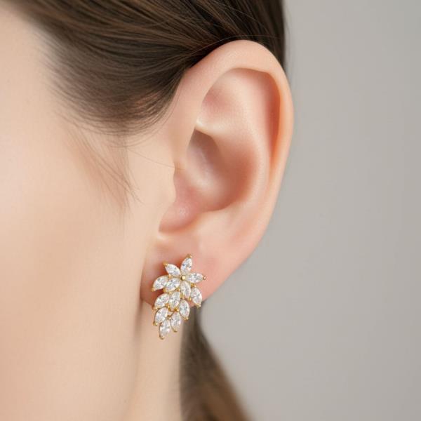 14K GOLD WHITE GOLD DIPPED LEAF INSPIRED CZ EARRING