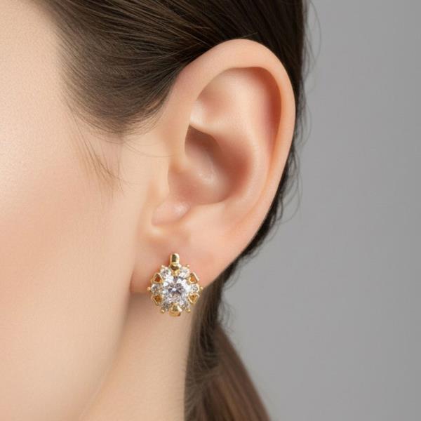 14K GOLD DIPPED CZ FLOWER CLUSTER HUGGIE EARRINGS