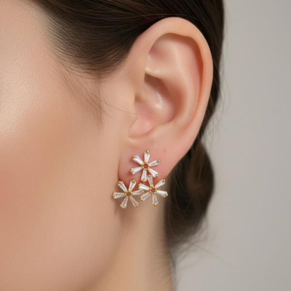 14K GOLD WHITE GOLD DIPPED SUNBURST CZ STUD EARRINGS