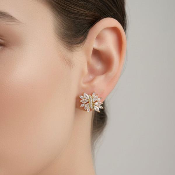 14K GOLD WHITE GOLD DIPPED MARQUISE CZ FLORAL STUD EARRING