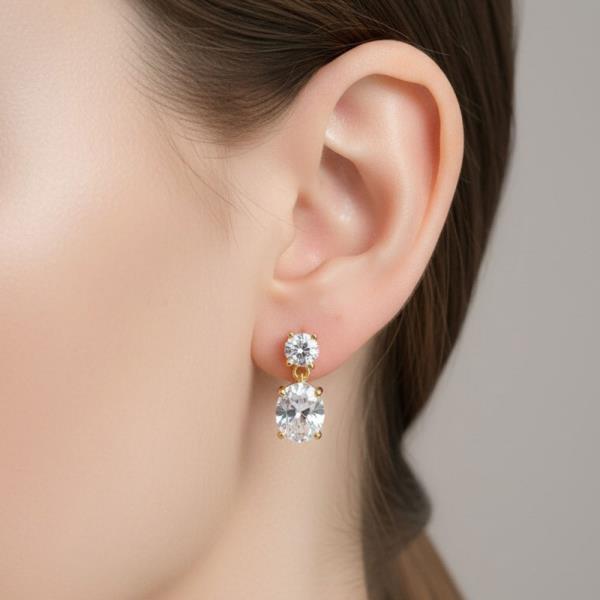 14K GOLD WHITE GOLD DIPPED DOUBLE ROUND CZ DROP EARRINGS