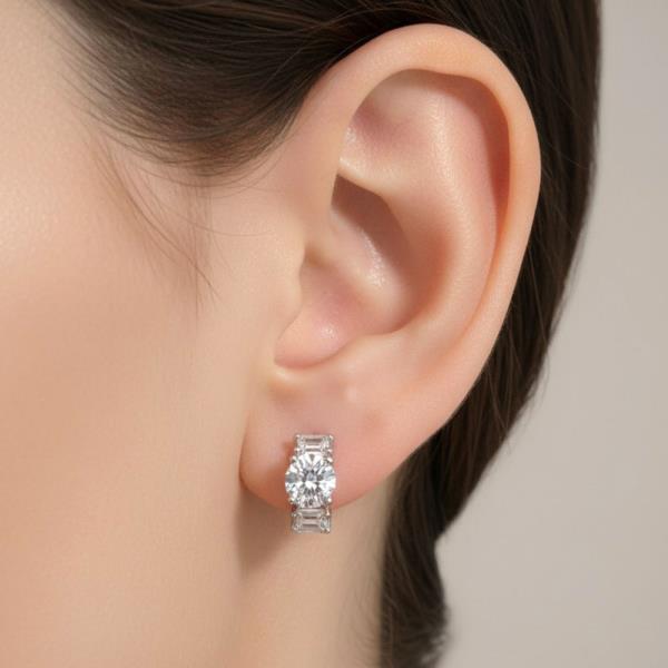 14K WHITE GOLD DIPPED BAGUETTE & ROUND CZ EARRINGS