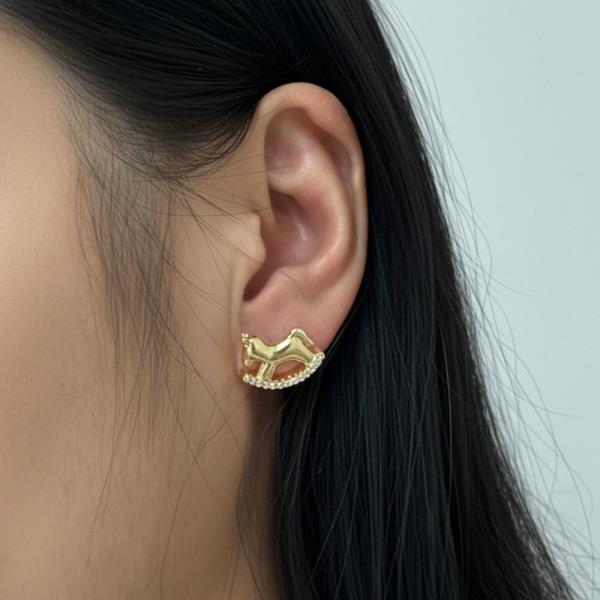 14K GOLD / WHITE GOLD DIPPED ROCKING HORSE STUD EARRINGS CZ PAVE