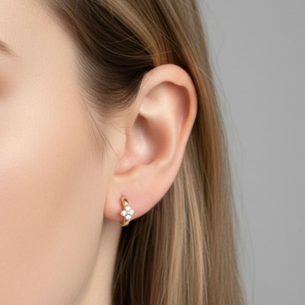 14K GOLD WHITE GOLD DIPPED FLORAL HUGGIE EARRINGS WITH CZ