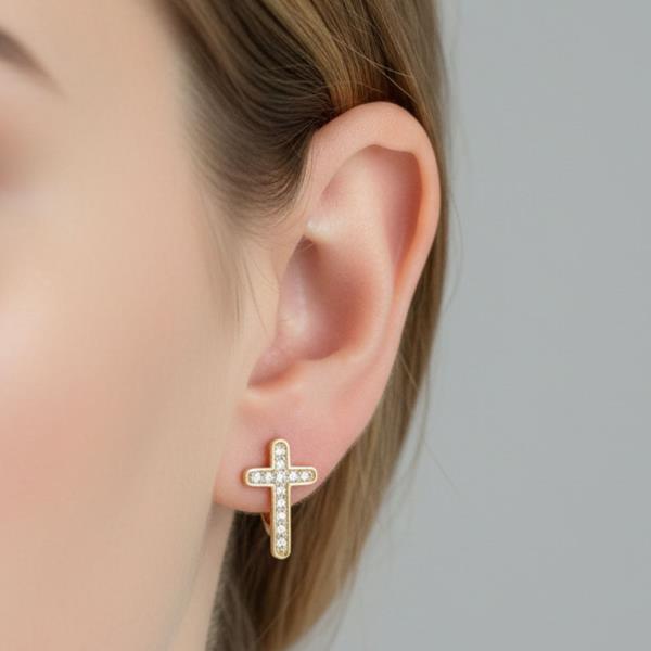 14K GOLD WHITE GOLD DIPPED CROSS HUGGIE EARRINGS WITH CZ