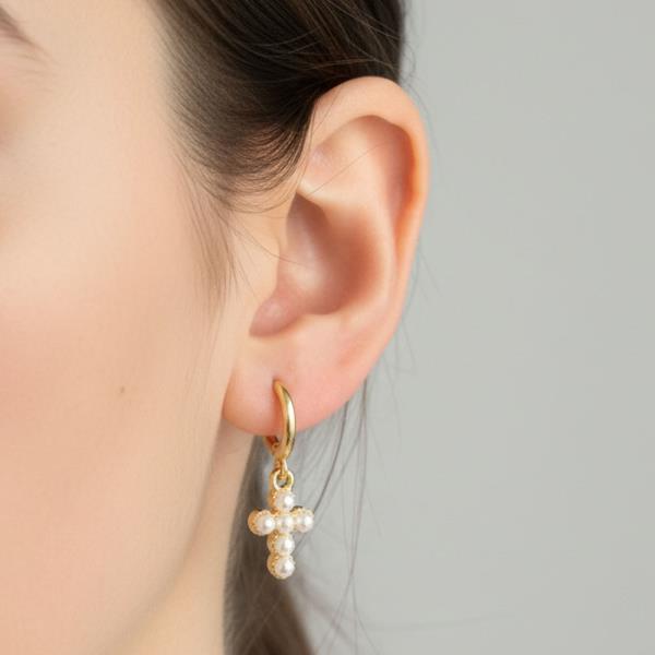 14K GOLD WHITE GOLD DIPPED PEARLS CROSS HUGGIE EARRINGS