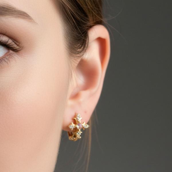 14K GOLD WHITE GOLD DIPPED PEARL CROSS HUGGIE EARRINGS