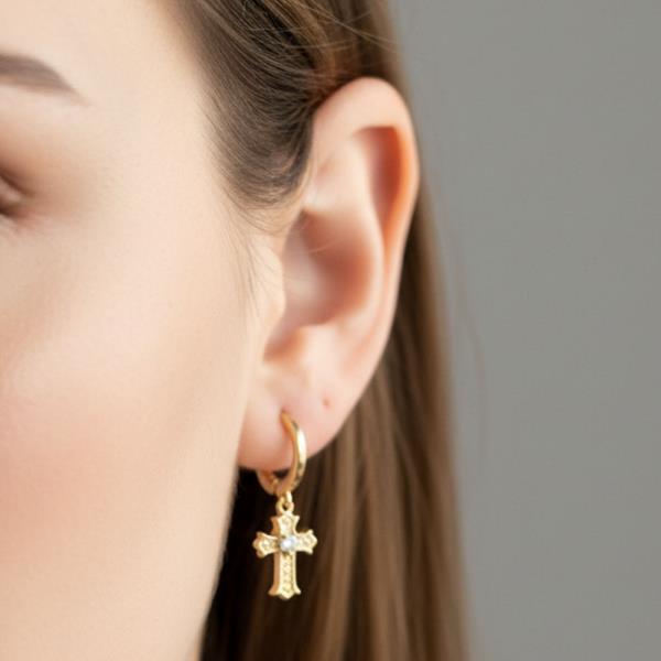 14K GOLD WHITE GOLD DIPPED ORNATE CROSS HUGGIE EARRINGS WITH CZ