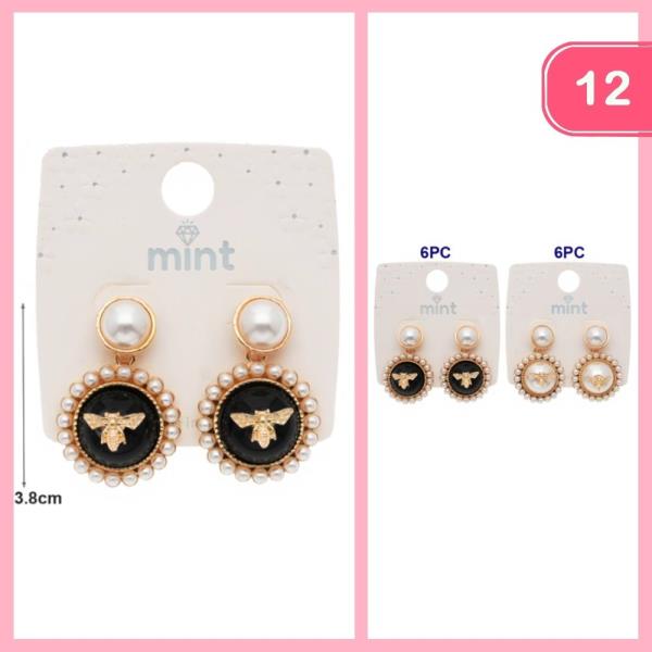 ENAMEL AND FAUX PEARL BEE DROP EARRING (12 UNITS)