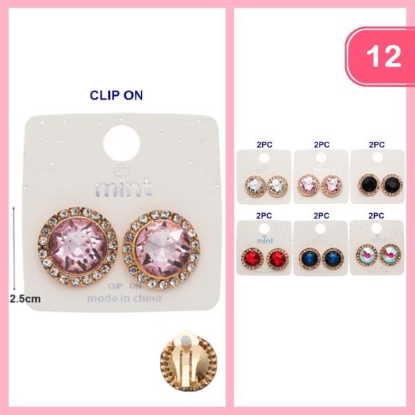 ROUND RHINESTONE POST CLIP ON EARRINGS (12 UNITS)