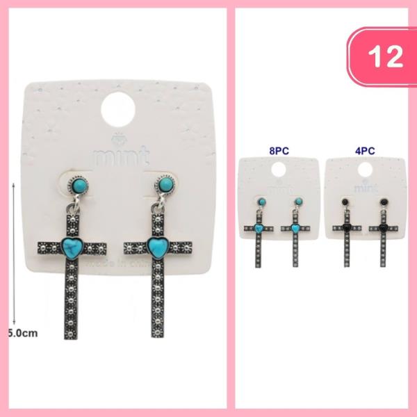 TWO TONE CROSS DANGLE EARRINGS (12 UNITS)