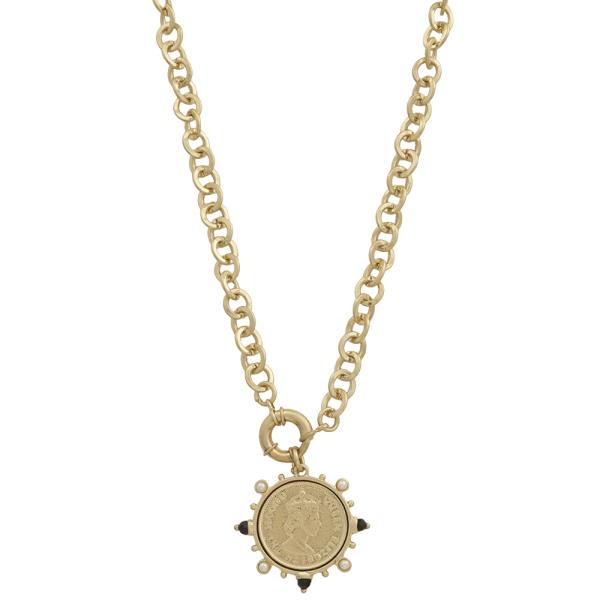 COIN PEARL EMBELLISHED PENDANT CHAIN LINK NECKLACE