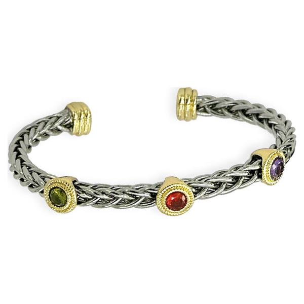 TWO TONE ROUND CZ OPEN CUFF BANGLE BRACELET