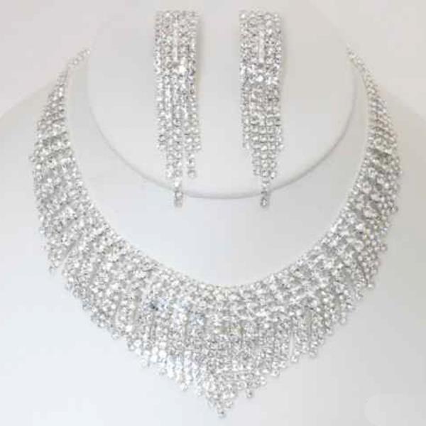 RHINESTONE FRINGE NECKLACE CLIP ON EARRING SET